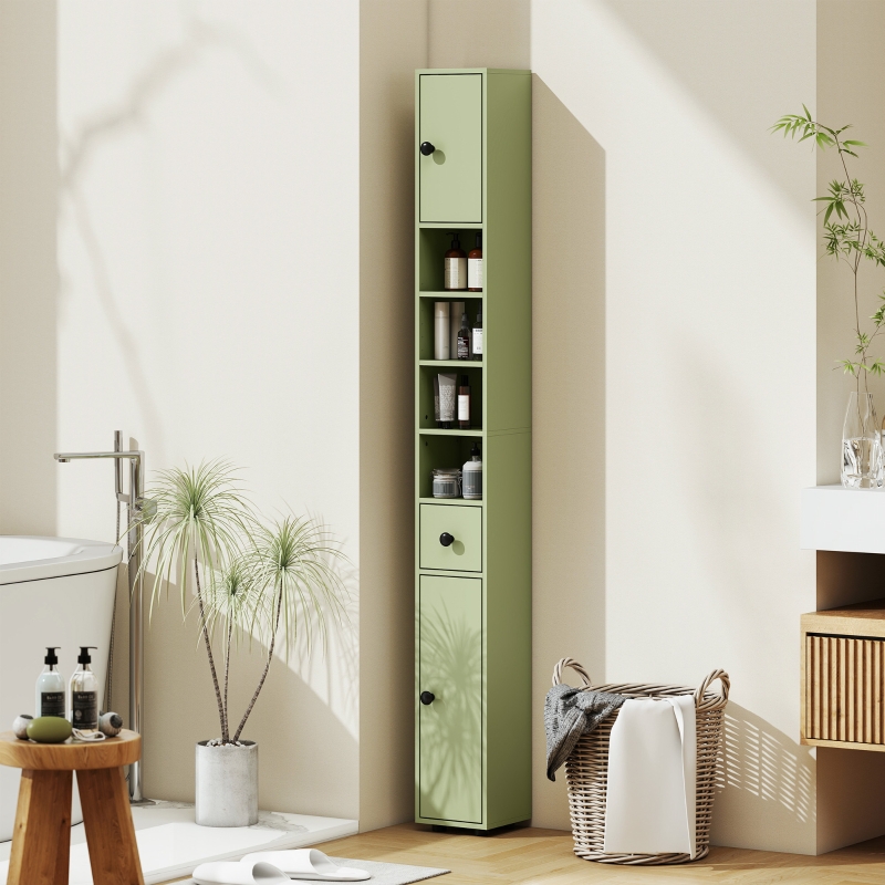 Badezimmerschrank 20x20x180 Cm, Mit Schublade Und 4 Offenen Fächern, Spanplatte, Grün