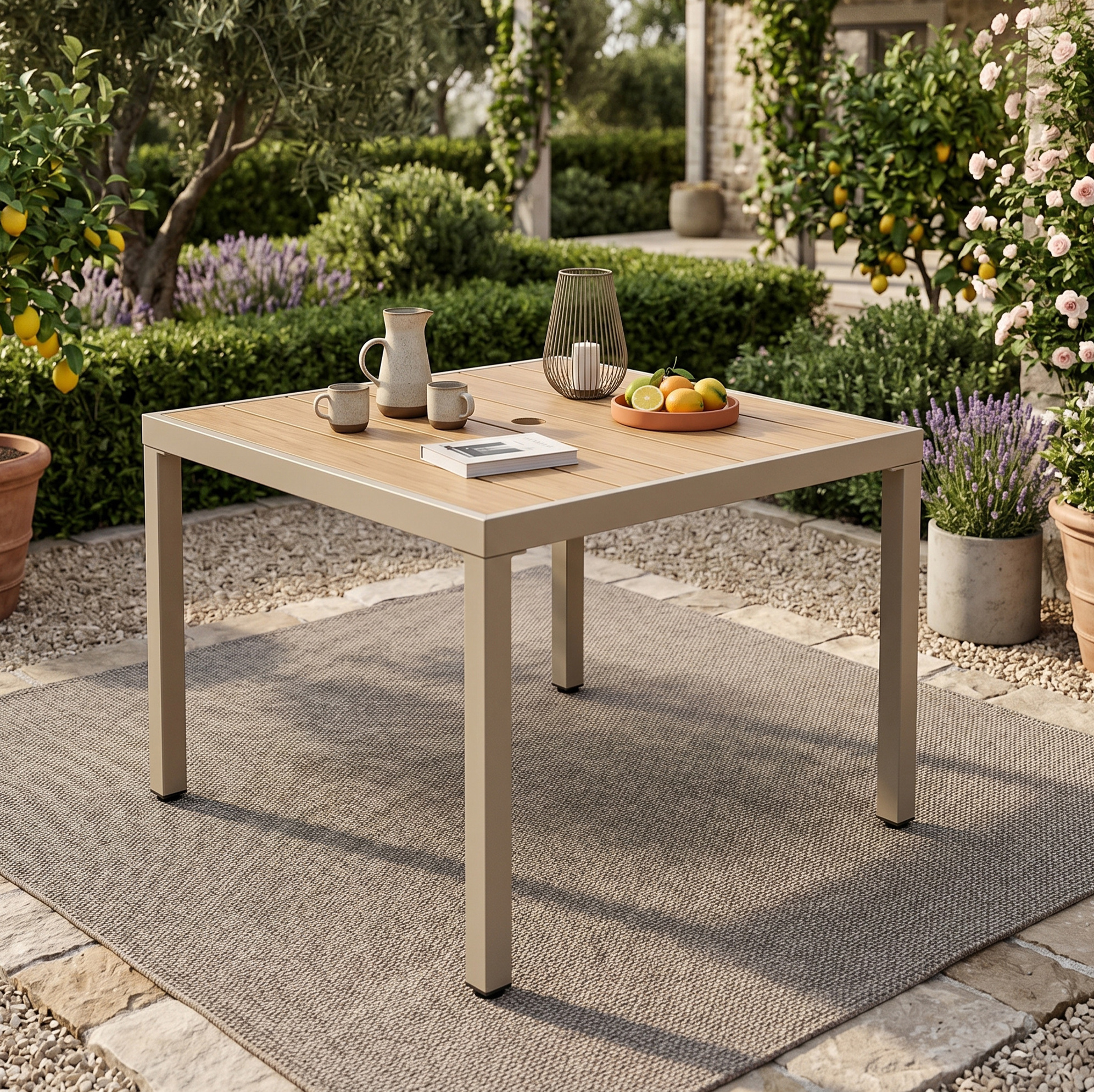 Gartentisch, Für Vier Personen, Mit Sonnenschirmloch, Verzinktes Eisen Und Kunststoffholz, Khaki