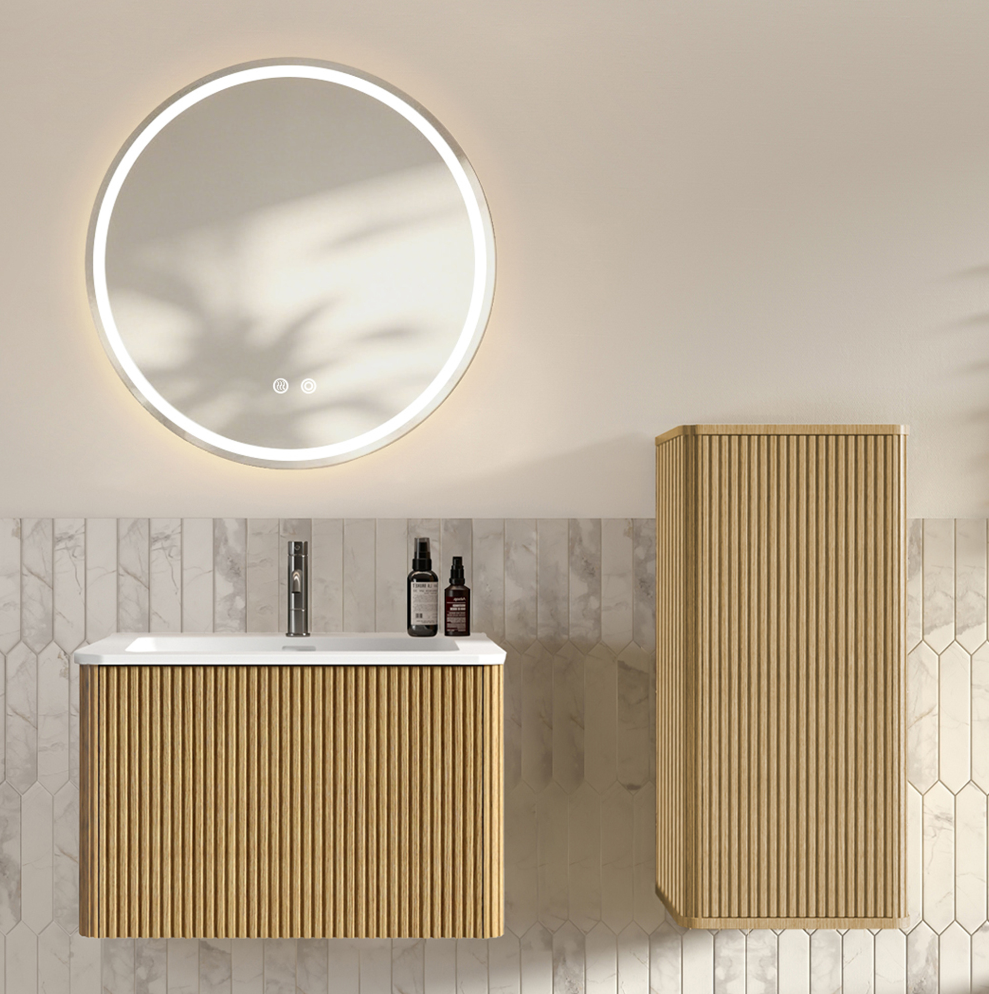 Badmöbel Set, Led Badezimmerspiegel Mit Beschlagschutz, Wandmontage, Mdf Und Kunststein, Eiche