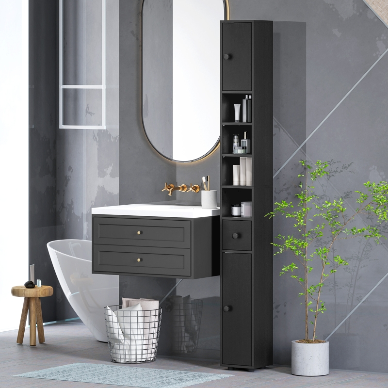 Redom Badezimmerschrank 20x20x180 Cm, Schmal, Mit Schublade Und 4 Offenen Regalen, Holz, Schwarz