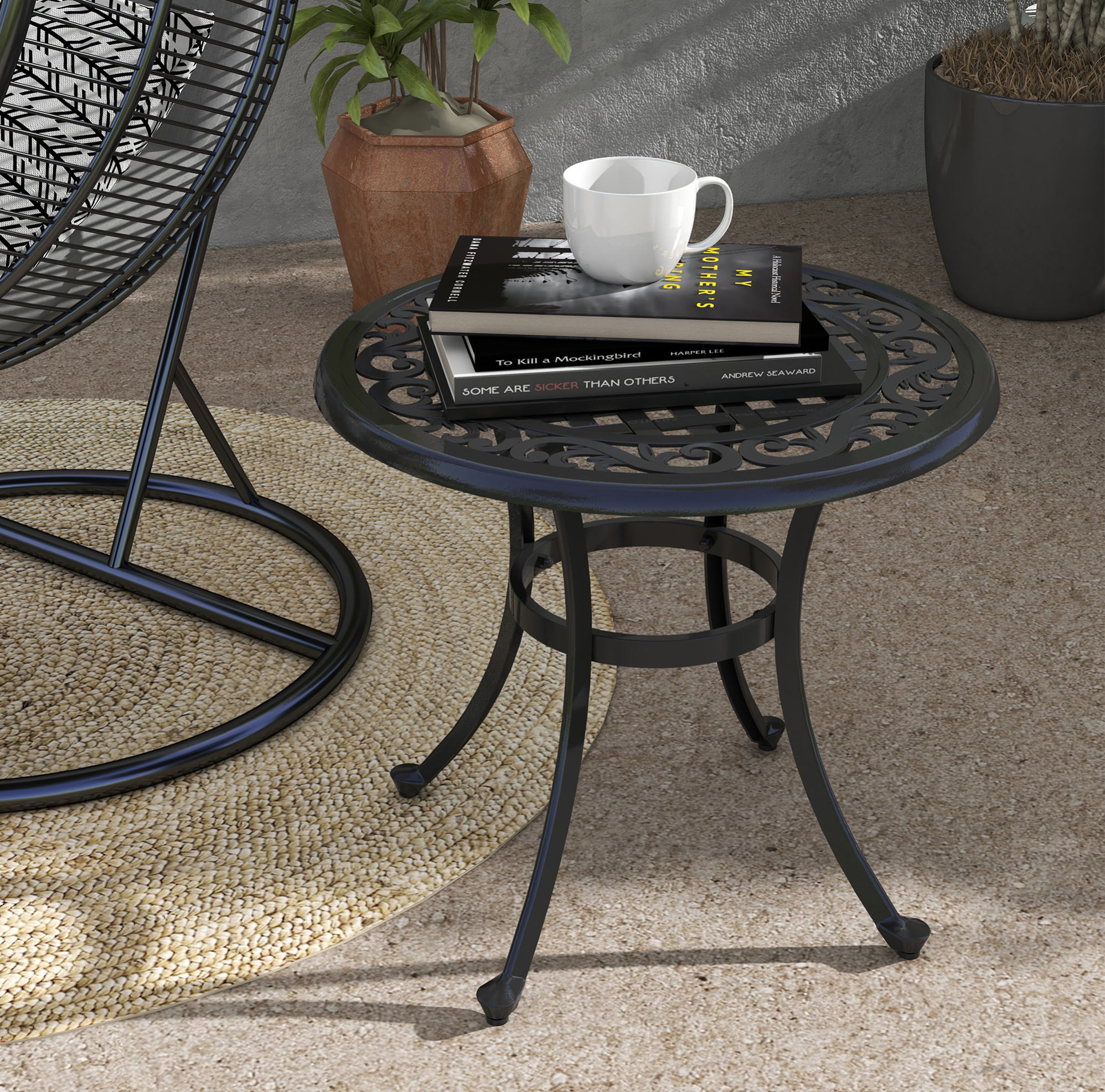 Runder Gartentisch (60x60x53 Cm), Höhenverstellbare Füße, Vintage Design, Aluminium, Schwarz