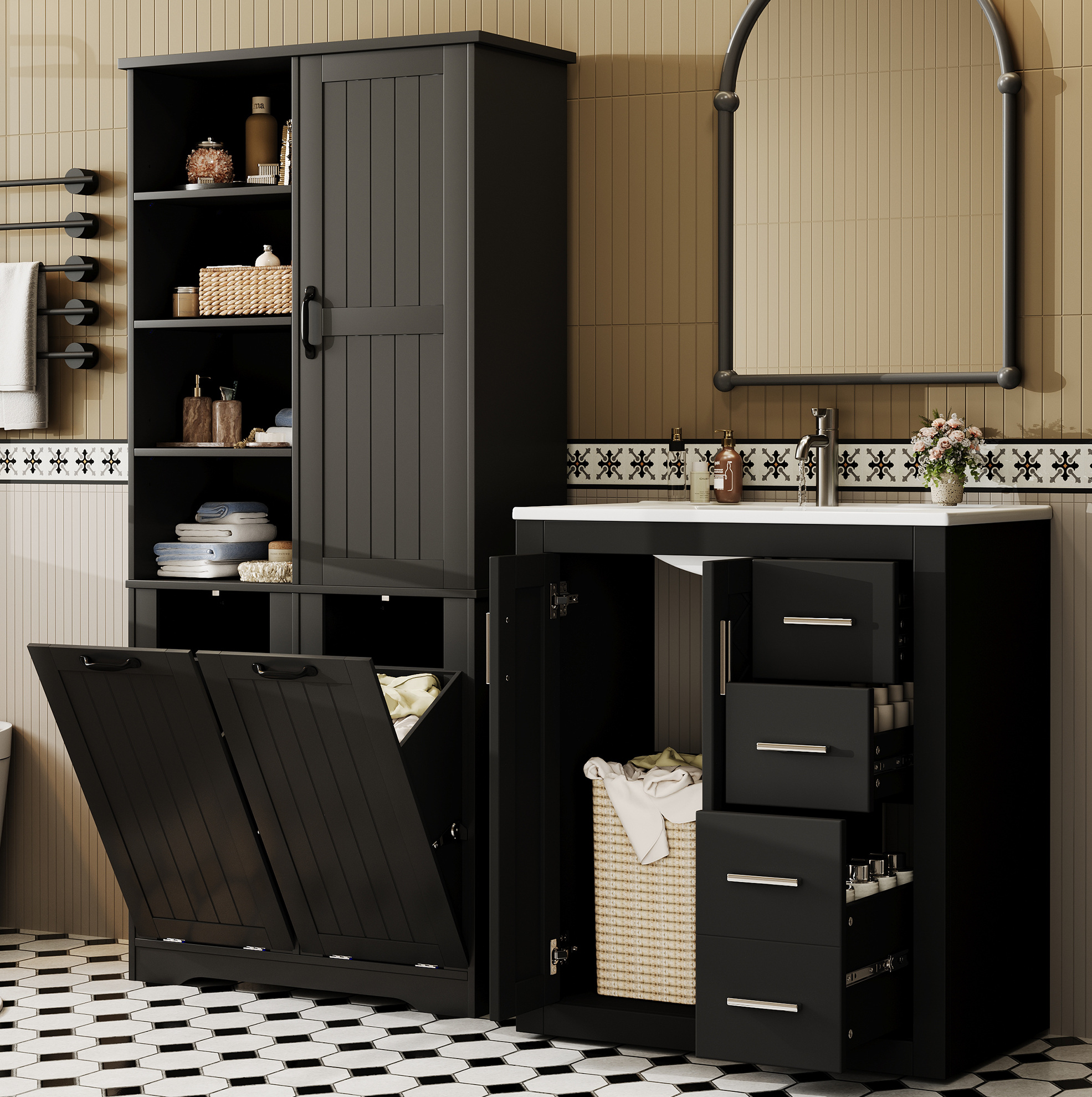 Badezimmermöbel-set 76x46.5x85.5 Cm Und 78x35x172 Cm, Keramikwaschbecken, Wäschekorb, Mdf, Schwarz
