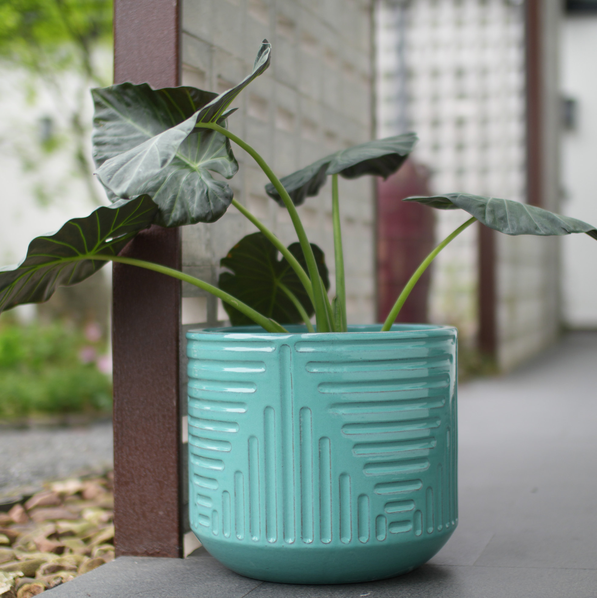Keramik Pflanztopf 54.5x54.5x49.5 Cm, Ablaufloch, Geometrisches Rillenrelief, Keramik, Cyan