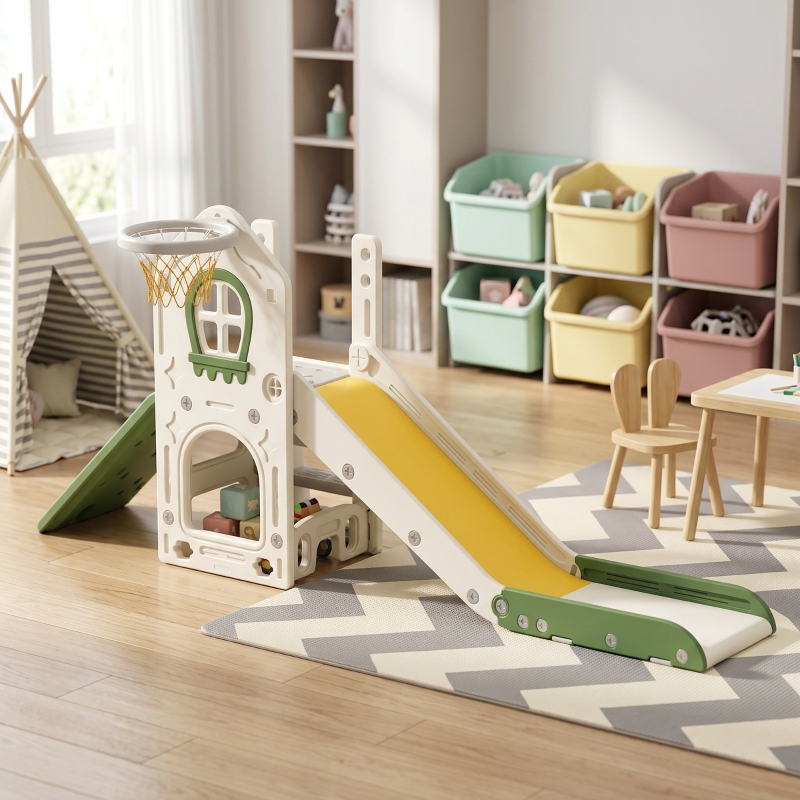 Kinderrutsche 4 In 1, Faltbar, Mit Kletterelement, Basketballkorb, Aufbewahrungskorb, Polyethylen, Cremeweiß