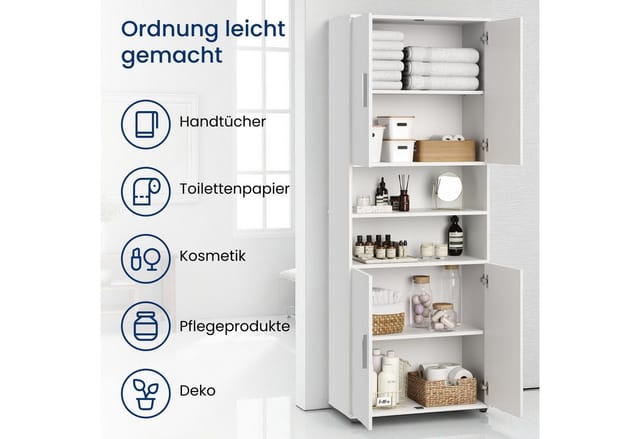 Home Collective Badkommode Badezimmerschrank Hochschrank 6 Fächer – robust & pflegeleicht, 70x35x187 cm (BxTxH), Weiß, 4 Türen, pflegeleicht & viel Stauraum