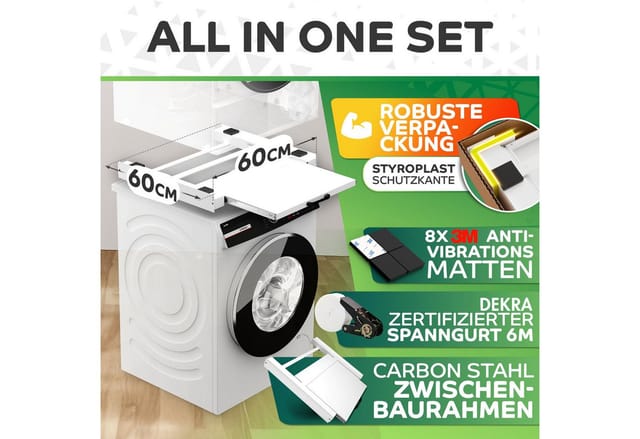 Tretmann Waschmaschinenuntergestell Universal Zwischenbaurahmen SET -extra Stabil mit Ablage, Waschturm Verbindungsrahmen, Verbindung Waschmaschine - Trockner