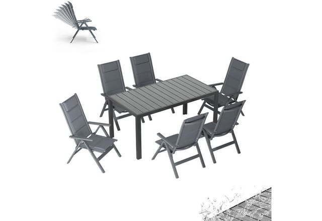 HOMALL Garten-Essgruppe Gartenmöbel Set aus klappbarer Armlehnstuhl und Aluminium Gartentisch, (7-tlg., 6 Klappstuhl (bis 160kg), 1Tisch (bis 100kg), Aluminium, Textilgewebe), Holzoptik Tisch & klappbare Stühle mit 7-fach verstellbarer Lehne