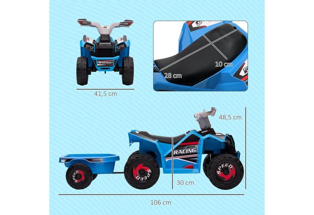 HOMCOM Elektro-Kinderquad Kinderfahrzeug mit Anhänger, Belastbarkeit 25 kg, (1-tlg), Blau+Grau+Schwarz 106 x 41.5 x 48.5 cm