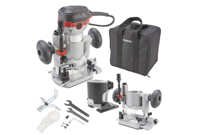 Arebos Oberfräse Holz Fräse Fräsmaschine, Tauchbasis & Trimmer, mit Werkzeugtasche, (Oberfräse Deluxe mit Trimmer und Tauchbasis), Leistungsaufnahme : 710 W