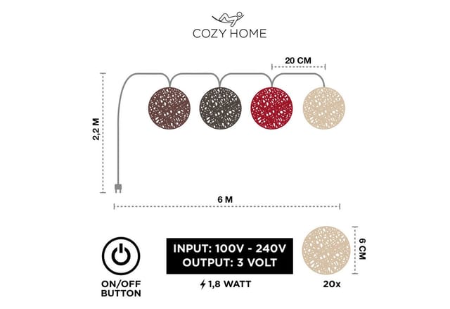 COZY HOME LED-Lichterkette Cotton Balls - Strombetrieben, 20 LED I 6m I Warmweiße LED-Cotton Ball I Hausbett Bunt Deko