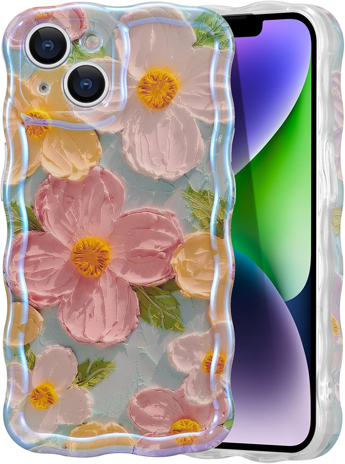 Hülle Kompatibel Mit Iphone 15, Farbenfrohes Retro-blumenmuster Mit Ölgemälde-effekt, Glänzend, Gewellte Und Geschwungene Kanten.