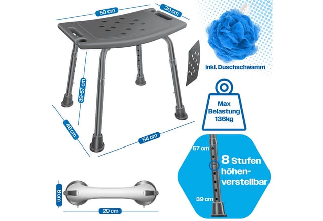 KESSER Badhocker Duschhocker höhenverstellbar & bis 136kg belastbar, Duschhilfe für Senioren, rutschfester Duschstuhl mit Zubehör