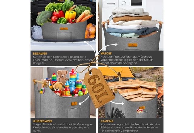 KESSER Kaminholzkorb XL – 60/90 L Volumen, rutschfeste Holzgriffe, Vielseitig nutzbar als Kaminkorb, Einkaufs-, oder Wäschekorb, 700 g/m²