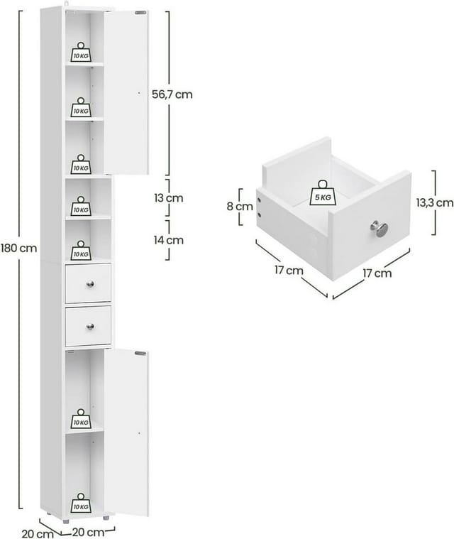 EUGAD Hochschrank (1-St) Badschrank, mit Schubladen, Fächern, Weiß, 20x180x20 cm