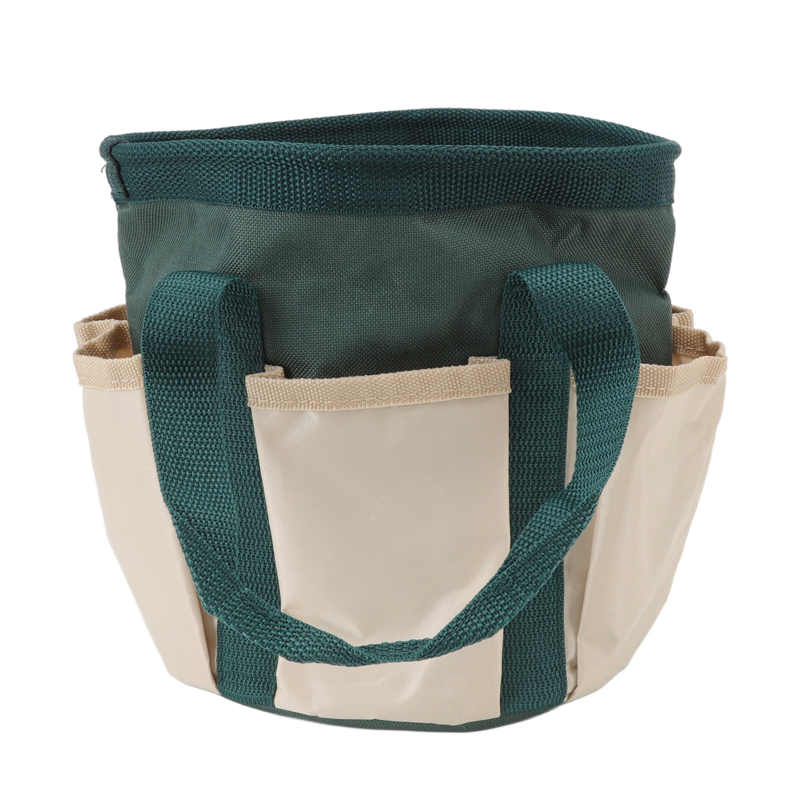 Runde Gartengerätetasche Aus Oxford-gewebe Mit 6 Fächern, Grün Mit Cremefarbenen Details, Geeignet Für Damen Und Herren.