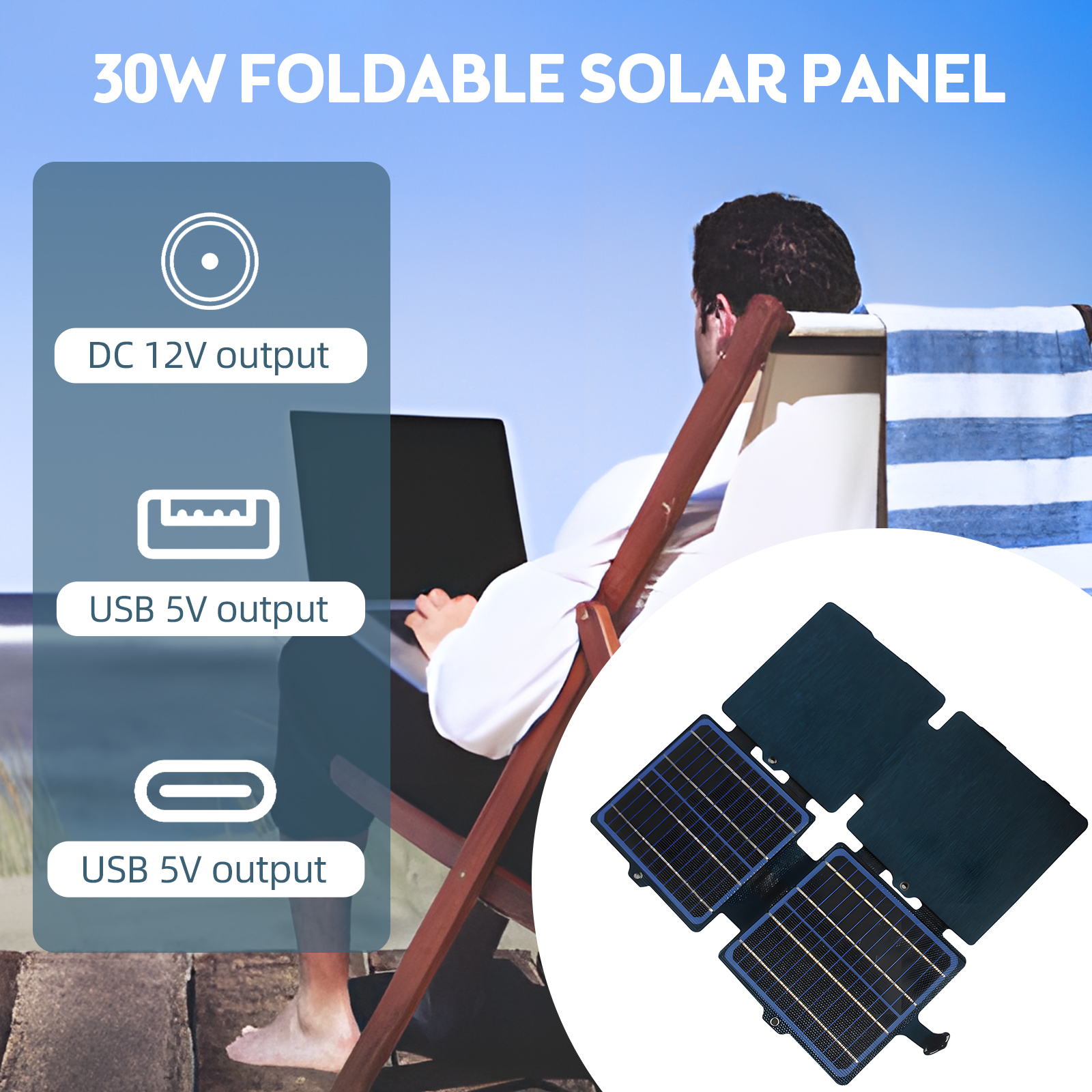 Tragbares 30-watt-solarpanel, Ipx6 Wasserdicht, Monokristallines Etfe, Faltbares Ladegerät Mit Dc/usb Typ-c Ausgang, 2 Karabinerhaken Für Handys, Tablets Und Rucksäcke, Ideal Für Camping, Wandern Und