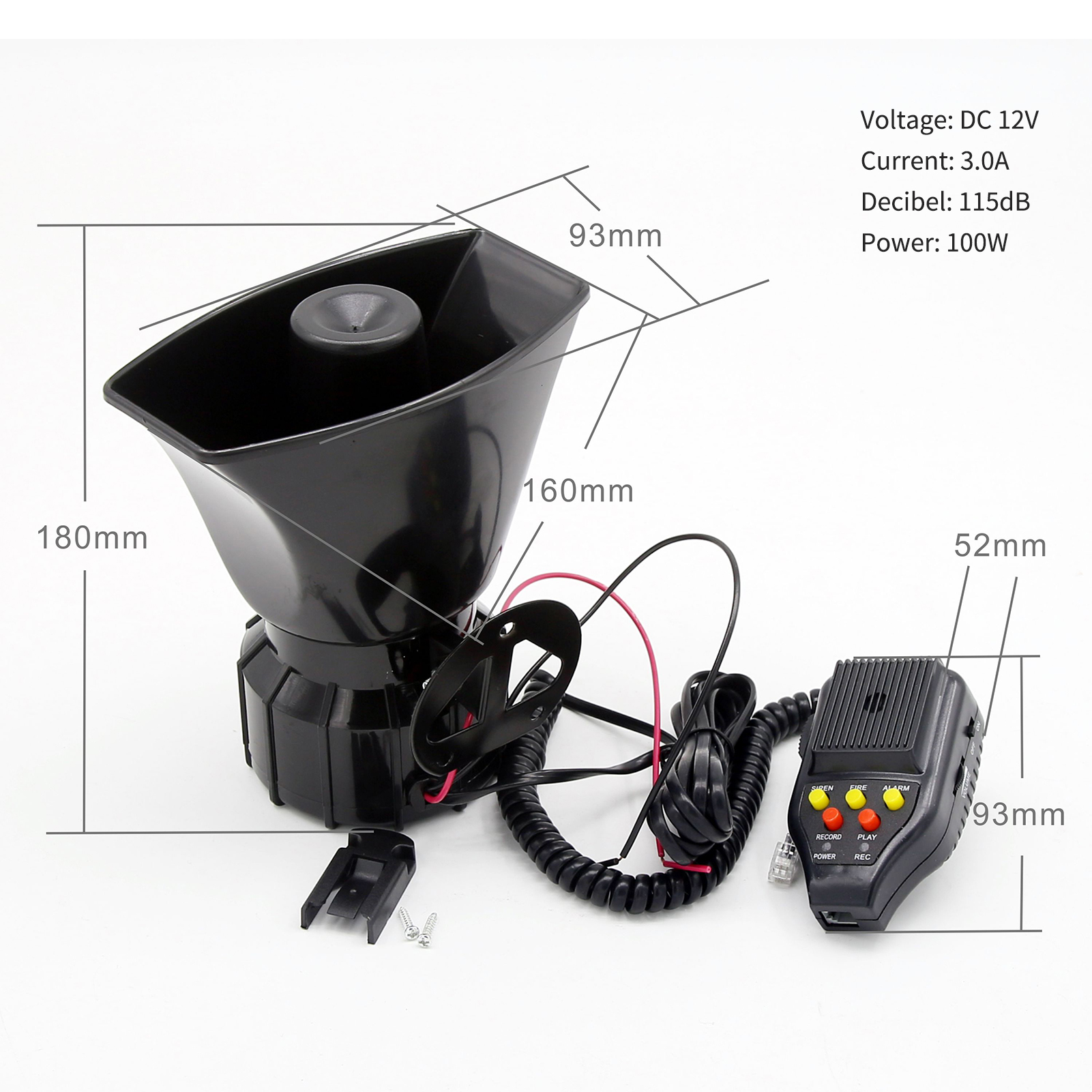 Auto-sirenenlautsprecher Mit Aufnahmefunktion, 12v 100w 3-ton-horn Und Pa-mikrofonsystem Mit Funktionssteuerung, Lautstärkeregler Und Ein-/aus-statusanzeige.