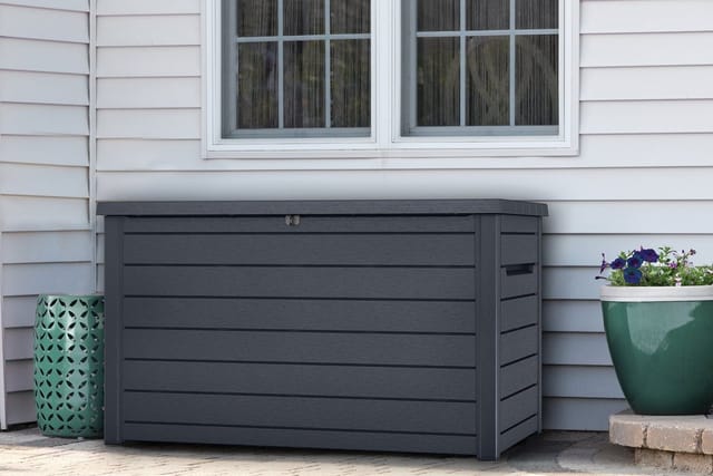 Keter Gartenbox "Ontario" 870L in Holzoptik 147x83x86 cm mit Gasdruckfedern, mit Gasdruckfeder, UV- und witterungebständig, wasserdicht