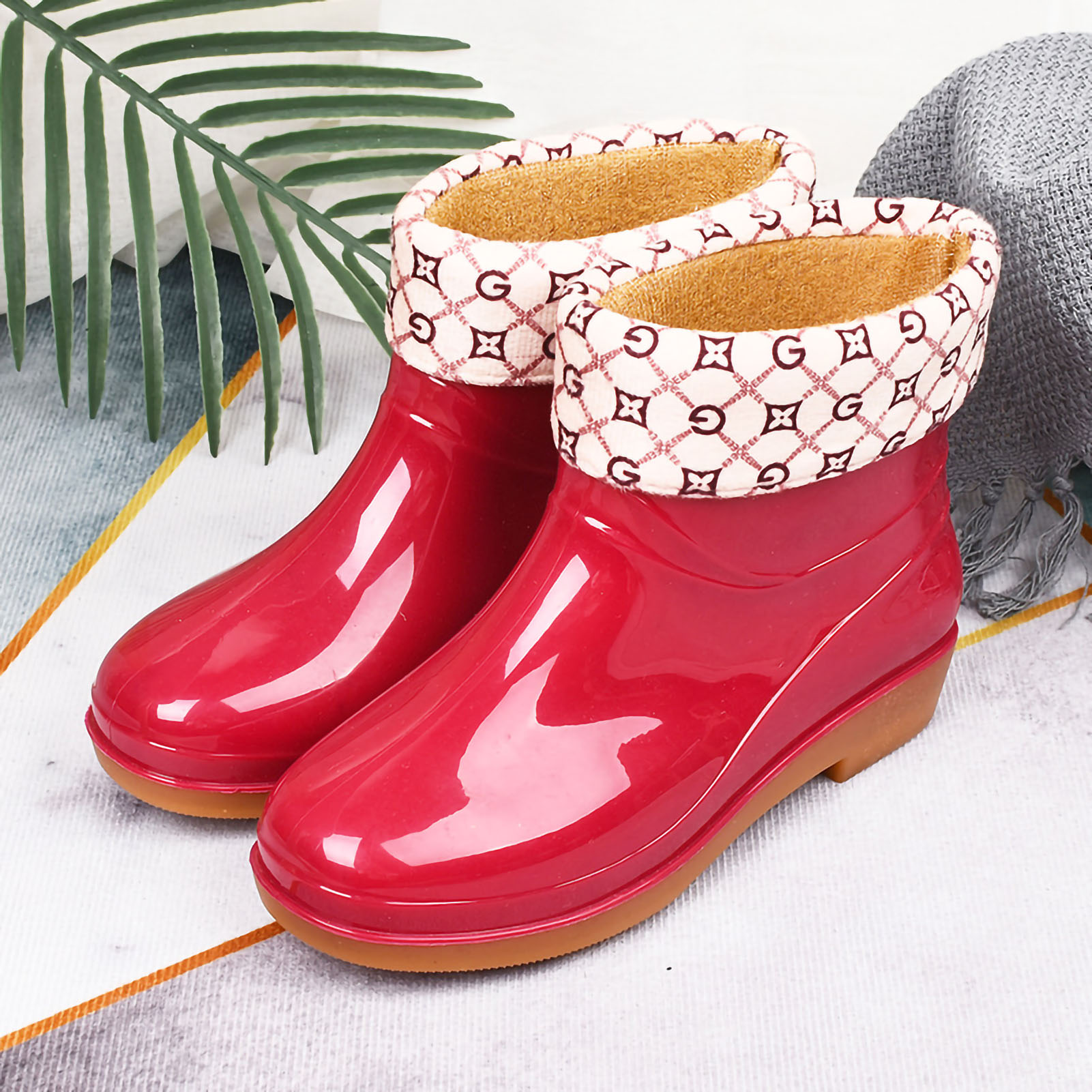 Damen-regenstiefel, Modische, Rutschfeste Stiefeletten, Runde Zehenpartie, Aus Gepolstertem Pvc-kunststoff, Rot, Größe 37.