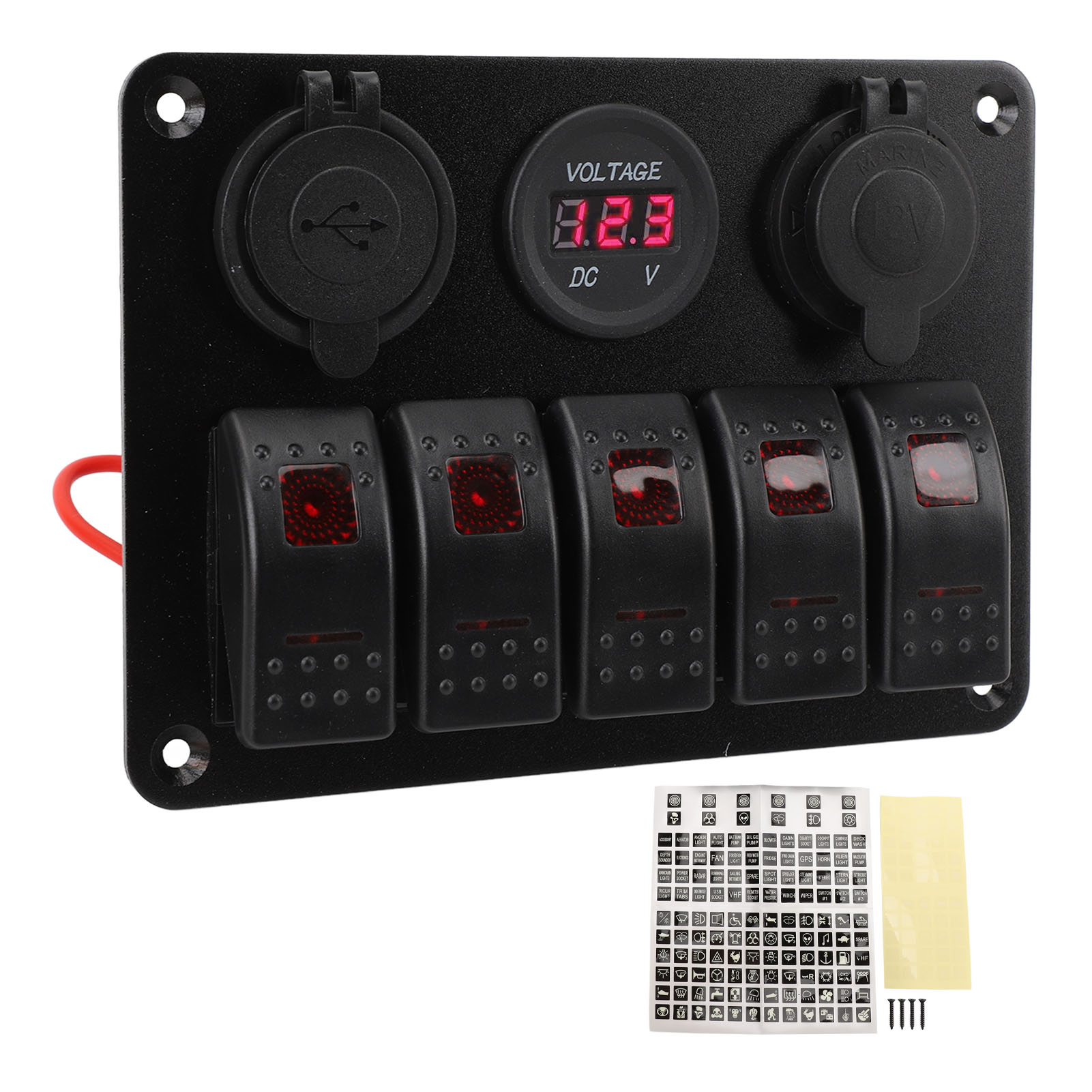 12-24v Dc Aluminiumlegierung 5-wege-schalttafel, Ip65 Wasserdicht, Mit Vorverdrahtetem Kippschalter Und Doppelter Zigarettenanzünderbuchse, Rotem Usb-voltmeter.