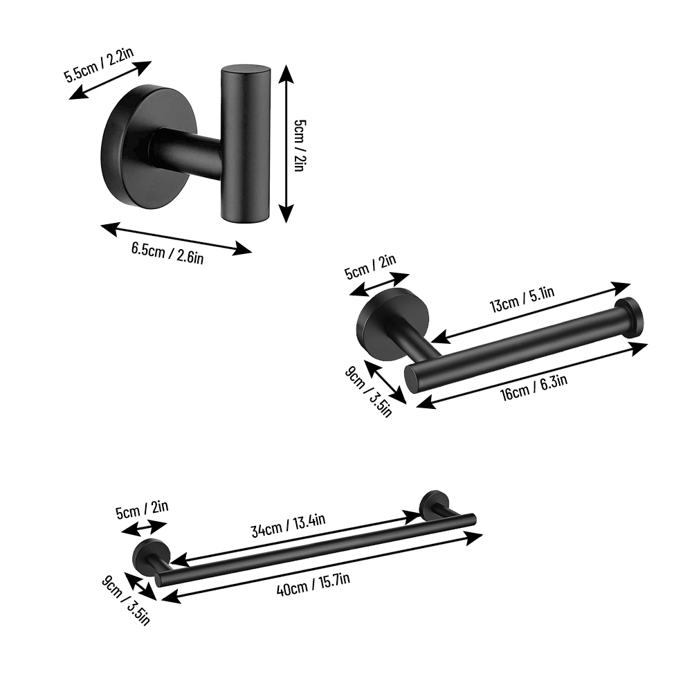 4-teiliges Badezimmer-accessoire-set: Handtuchstange, Bademantelhaken, Toilettenpapierhalter, Edelstahl 304, Wandmontage, Schwarz.