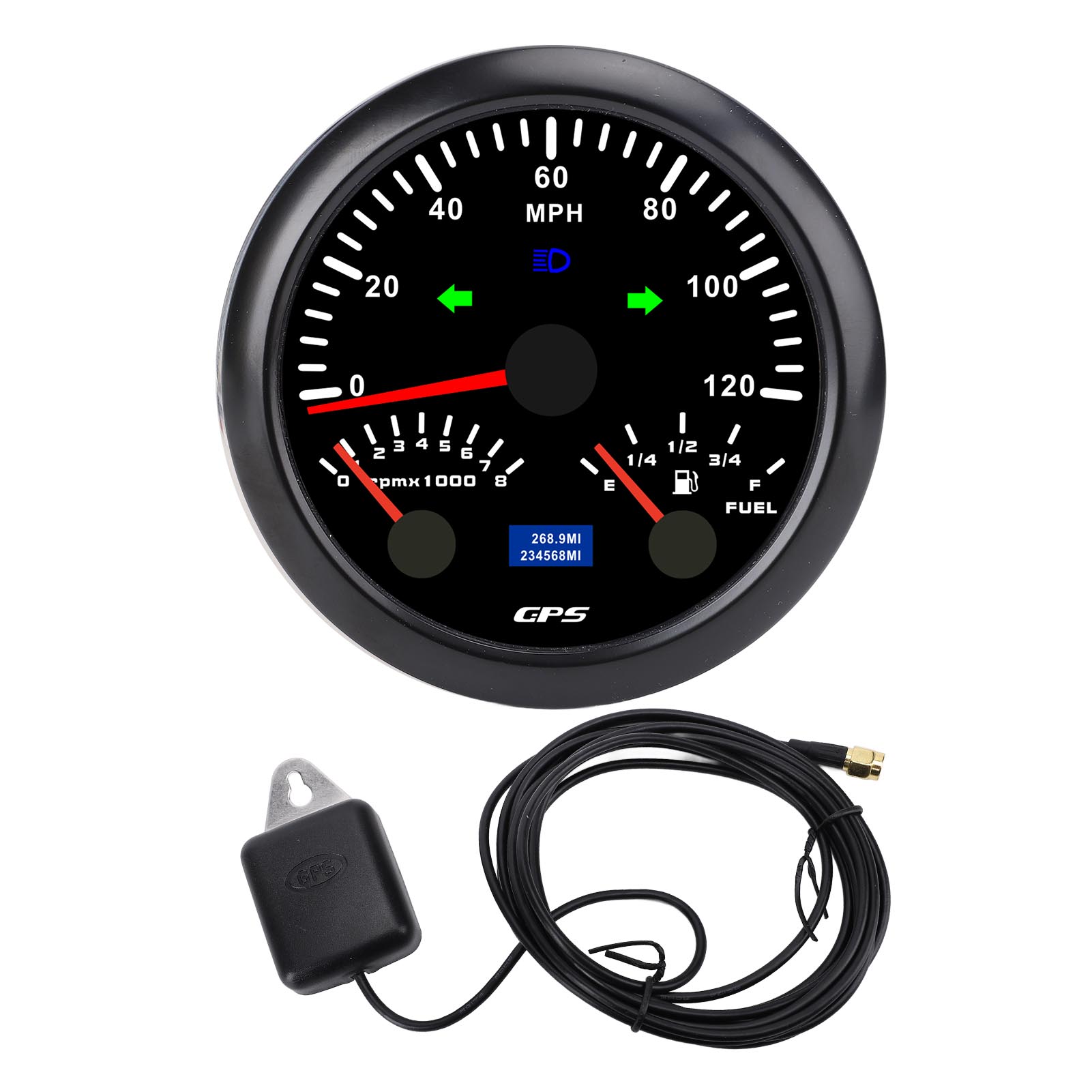 3-in-1 Gps-tachometer, Drehzahlmesser, Tankanzeige Mit Blinklicht, 3/8 Zoll, 120 Km/h, 8000 U/min, 7-farbige Hintergrundbeleuchtung, Für Wohnmobile, Yachten, Lkws, Schwarzes Zifferblatt.