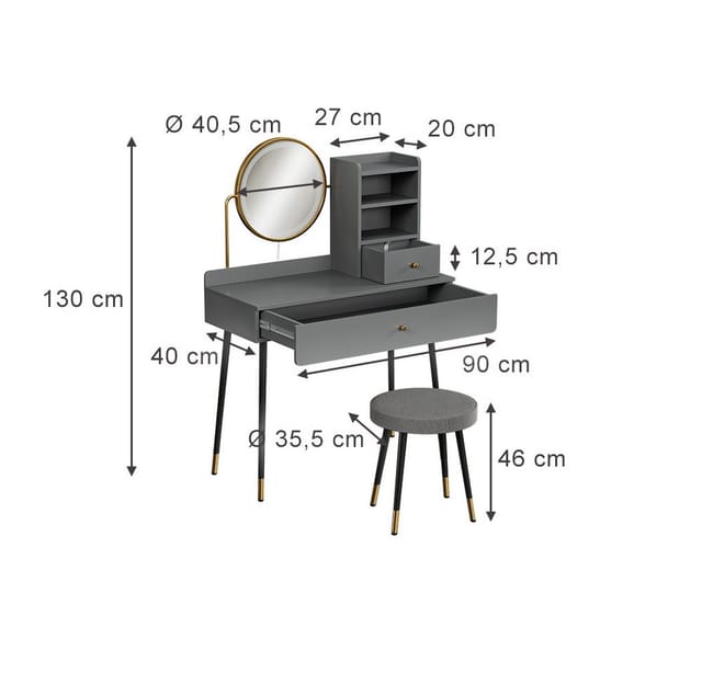 Vicco Schminktisch Mirela, Grau, 90 cm mit LED-Spiegel und Hocker (2-St)