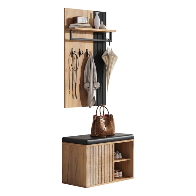STILVORA Garderoben-Set mit Sitzbank,Garderobenständer Wandgarderoben mit Kleiderhaken&Facher, (Schuhbank – Praktischer Flurschrank Schwarz und Naturfarben, 2-St., B70/D36/H146 cm)