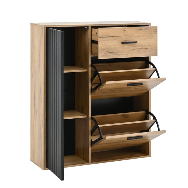 STILVORA Garderoben-Set mit Schublade,Schuhschrank Schuhregal mit verstellbaren Regalen, (Moderne Schuhschrank – Praktische Aufbewahrung Schwarz/Natur, 1-St., B80/D24/H95.5 cm)