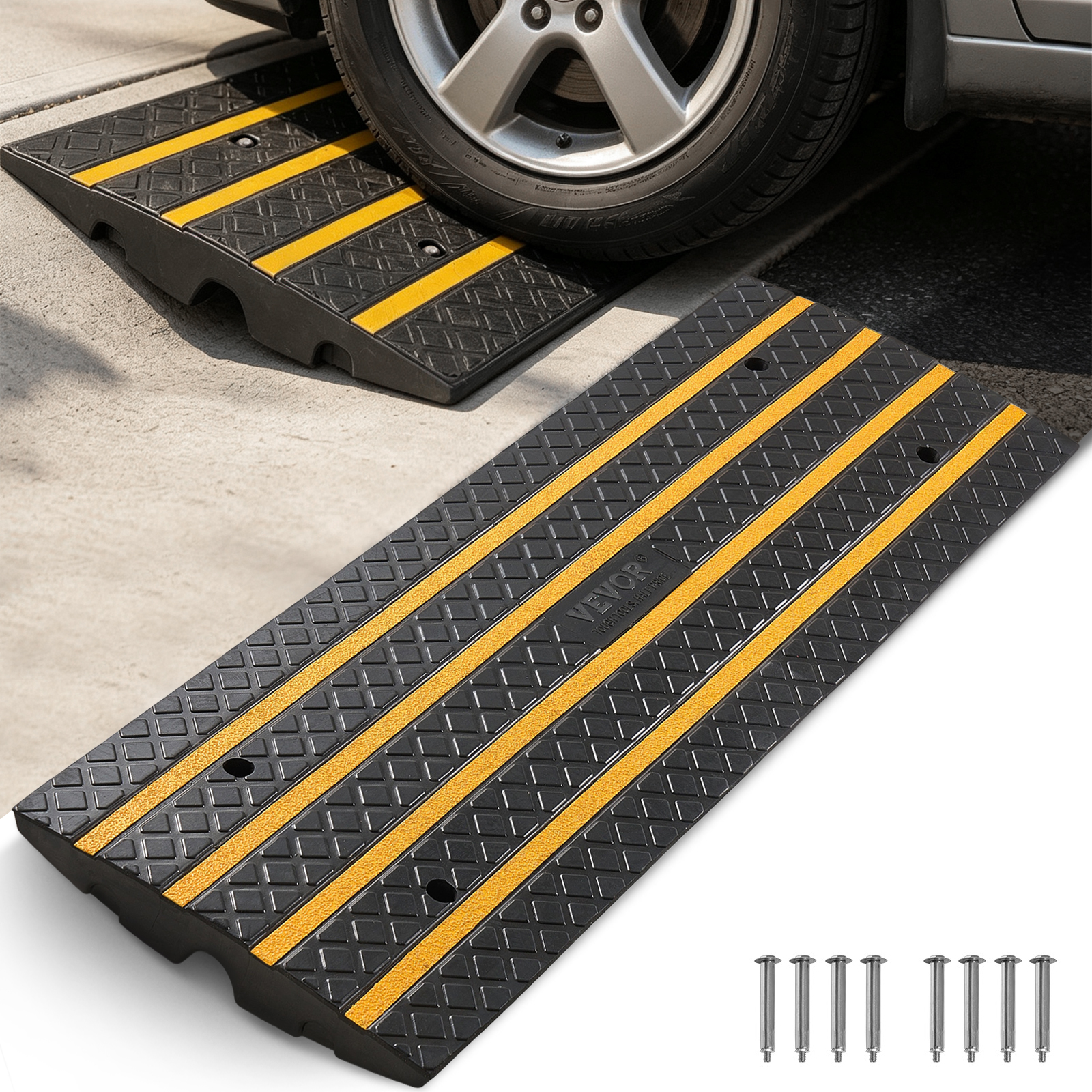 Vevor Gummi-bordsteinrampe, 15 Tonnen Tragkraft, Auffahrtsrampe 66 Mm Anstieg, Schwellenrampe Mit Gelben Reflektorstreifen, Geeignet Für Laderampe, Lager, Garage, Gehweg (2er-pack)