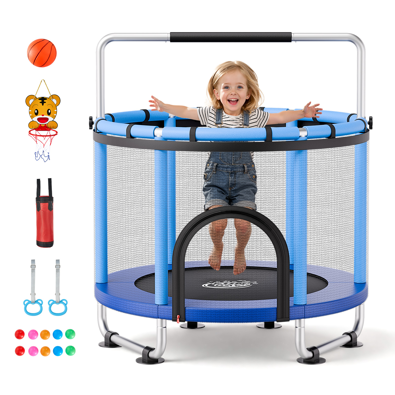 Vevor Trampolin Mini Für Kinder Mit Haltestange Sicherheitsnetz Blau, Gartentrampolin 142 Cm Outdoor Mit Basketballkorb, Basketball Und Sandsack Für Kinder, Weihnachts- Oder Geburtstagsgeschenk