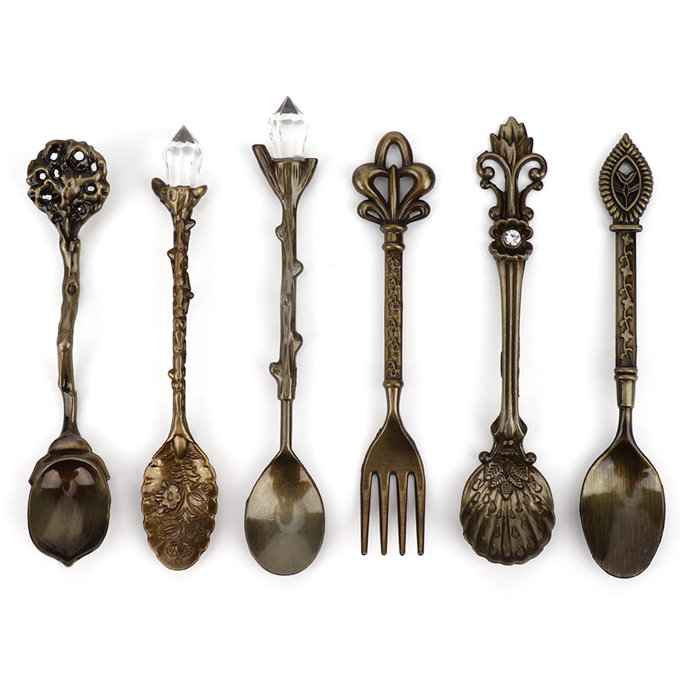 6 Pièces Ensemble Vintage Rétro Alliage Zinc Cuillères Fourchettes Couverts Cuisine, Bronze Vert Poignée Cœur