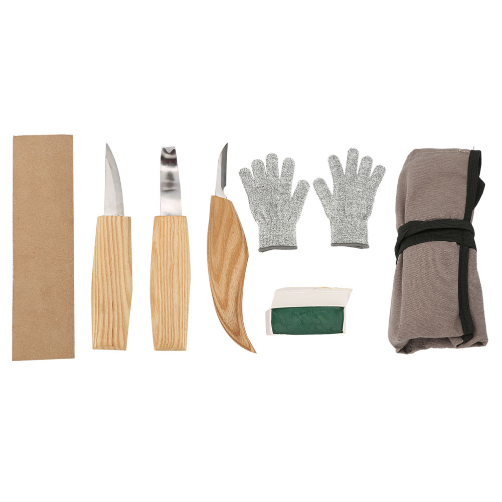 Set Aus 5 Holzschnitzmessern (gebogen Und Gerade) Mit Schnittfesten Handschuhen Zum Schnitzen Von Holzlöffeln Und Zum Erstellen Von Handgeschnitzten Designs.