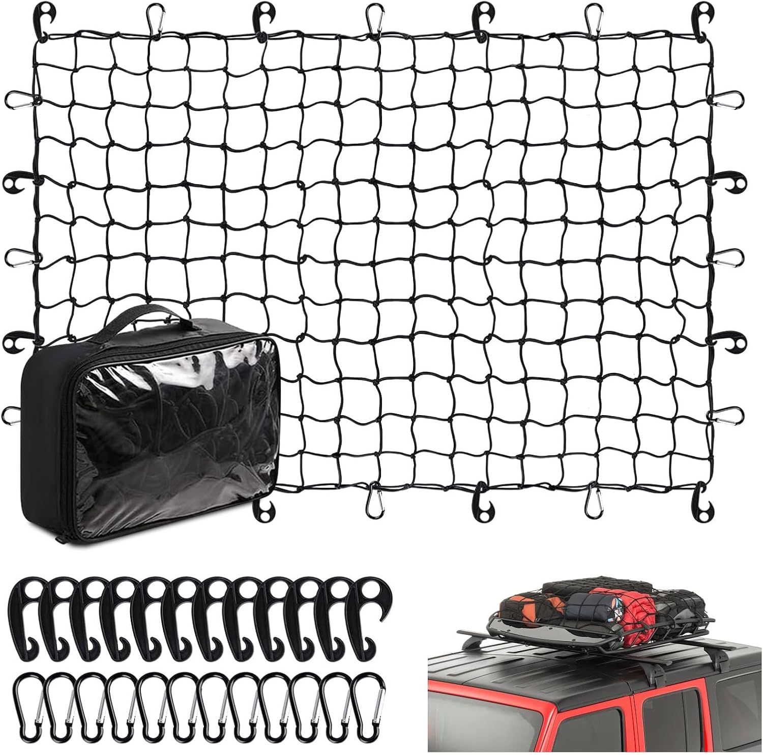 1,2 M X 1,8 M Bis 5,4 M X 3,6 M Dehnbares Elastisches Gepäcknetz, Kofferraumnetz Mit 12 Karabinern, 12 Haken, Spannvorrichtung Mit Haken