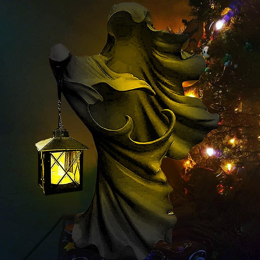 Halloween-geisterfigur Mit Licht – Wasserdichtes Kunstharz, Hält Eine Laterne – Partydekoration – Schwarz