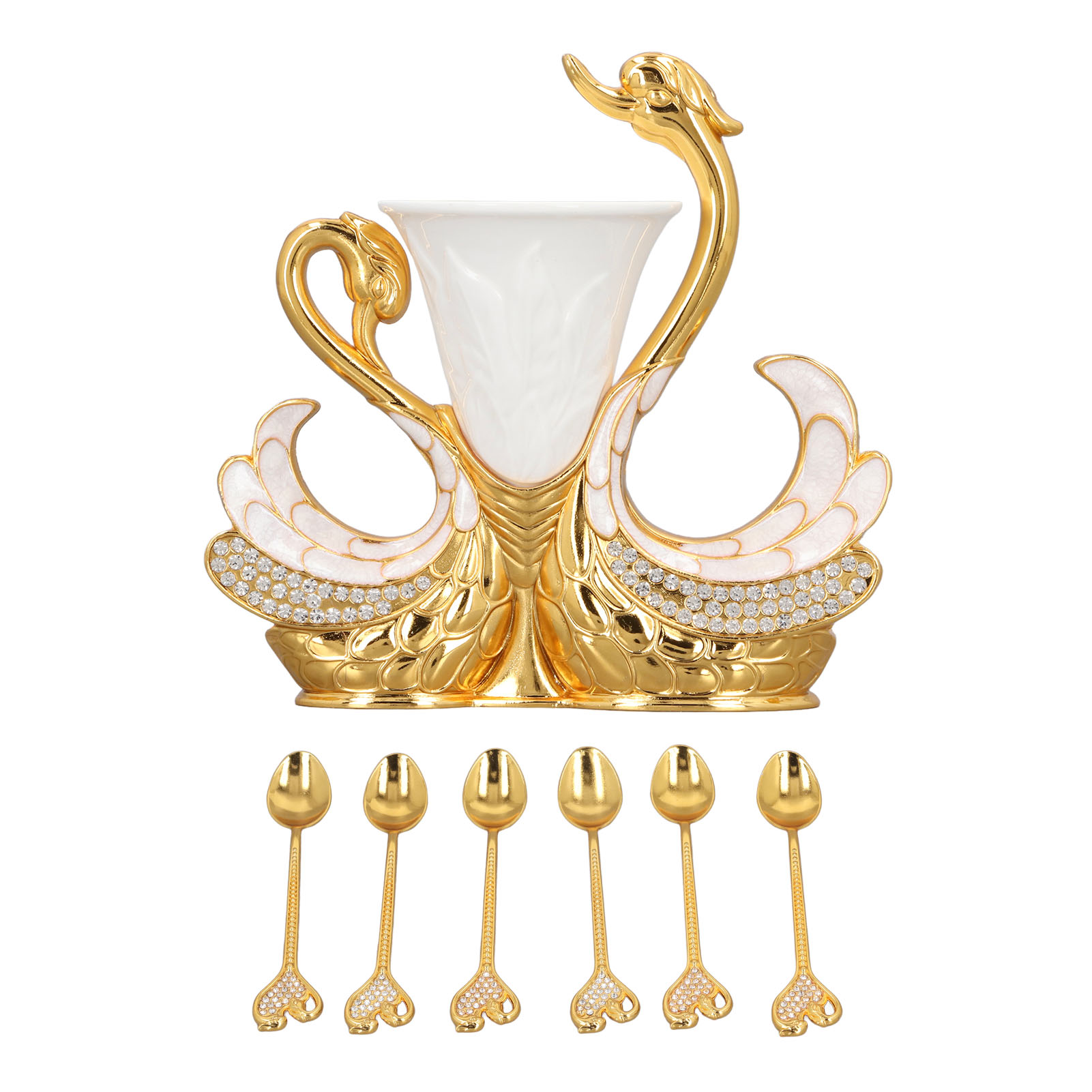 Service Vaisselle Forme Cygne Léger Luxueux Porte-cuillère Avec 6 Cuillères Pour Café Et Desserts, Doré