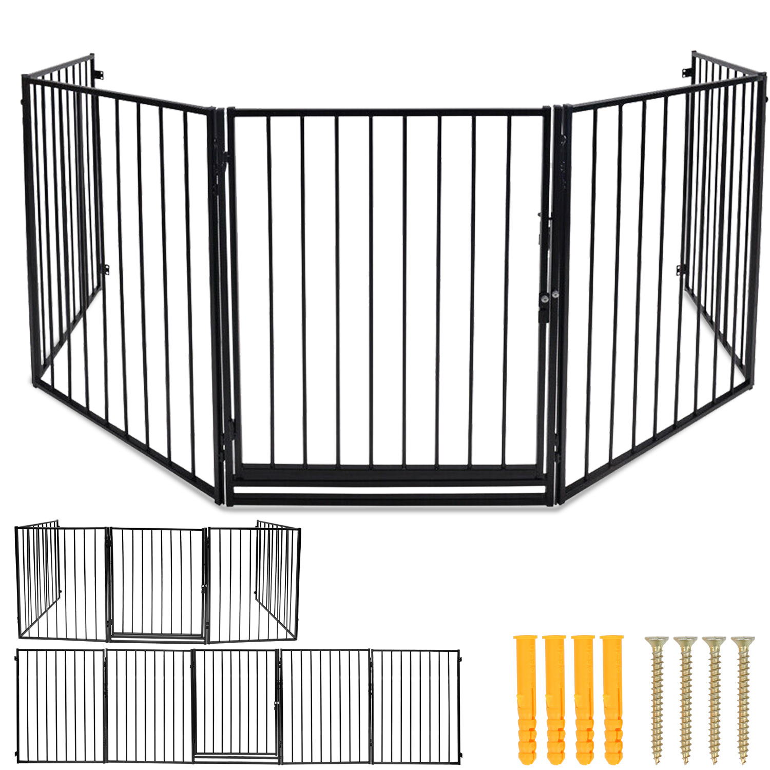 Tolletour 2er Set Kaminschutzgitter 5-teilig 304 Cm Mit Tür, Faltbares Kamingitter Aus Stahl, Schwarz