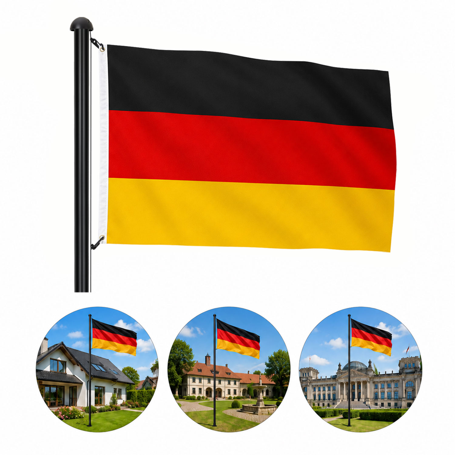Tolletour Fahnenmast Komplettset Schwarz, Aluminium 6-teilig, Deutschlandfahne, Seil, Haken Und Bodenhülse