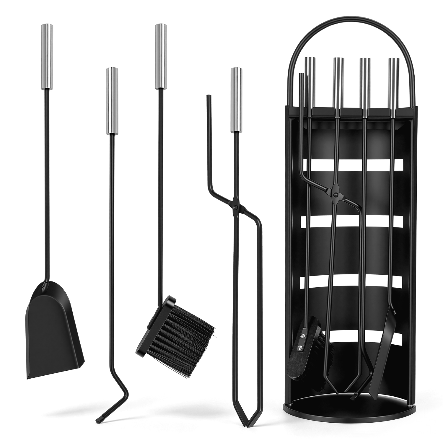 Tolletour Kaminbesteck 5-teilig Mit Schutzblende, Besen, Schaufel, Feuerhaken Und Zange