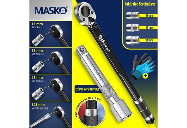 MASKO Drehmomentschlüssel Set 6tlg. Set 40-210Nm 1/2' CV, inkl. 3 Stecknüsse, 17mm, 19mm, 21mm & Verlängerung 125mm, inkl. Handschuhe und Koffer