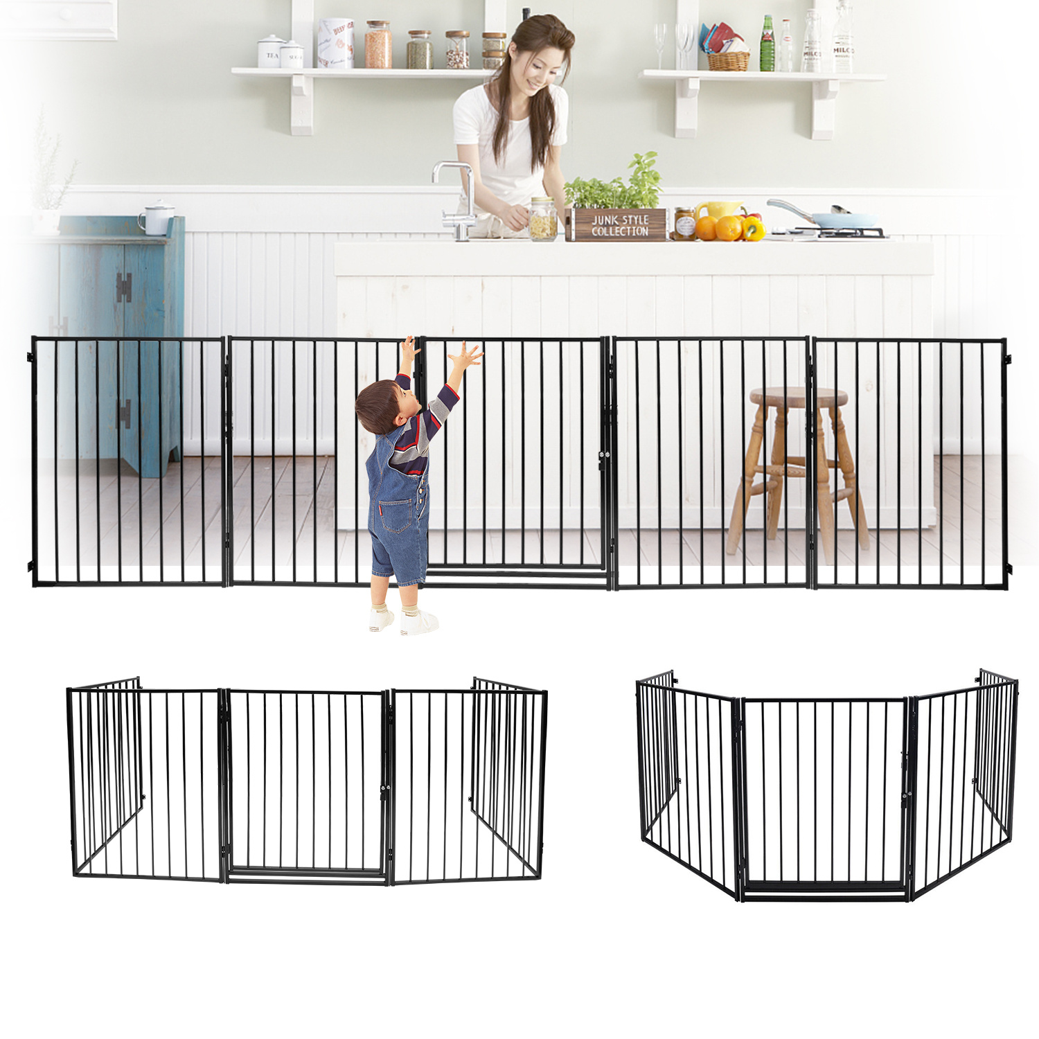 Jiubiaz Kaminschutzgitter 5-teilig 304 Cm Mit Tür, Faltbares Kamingitter Aus Stahl, Schwarz