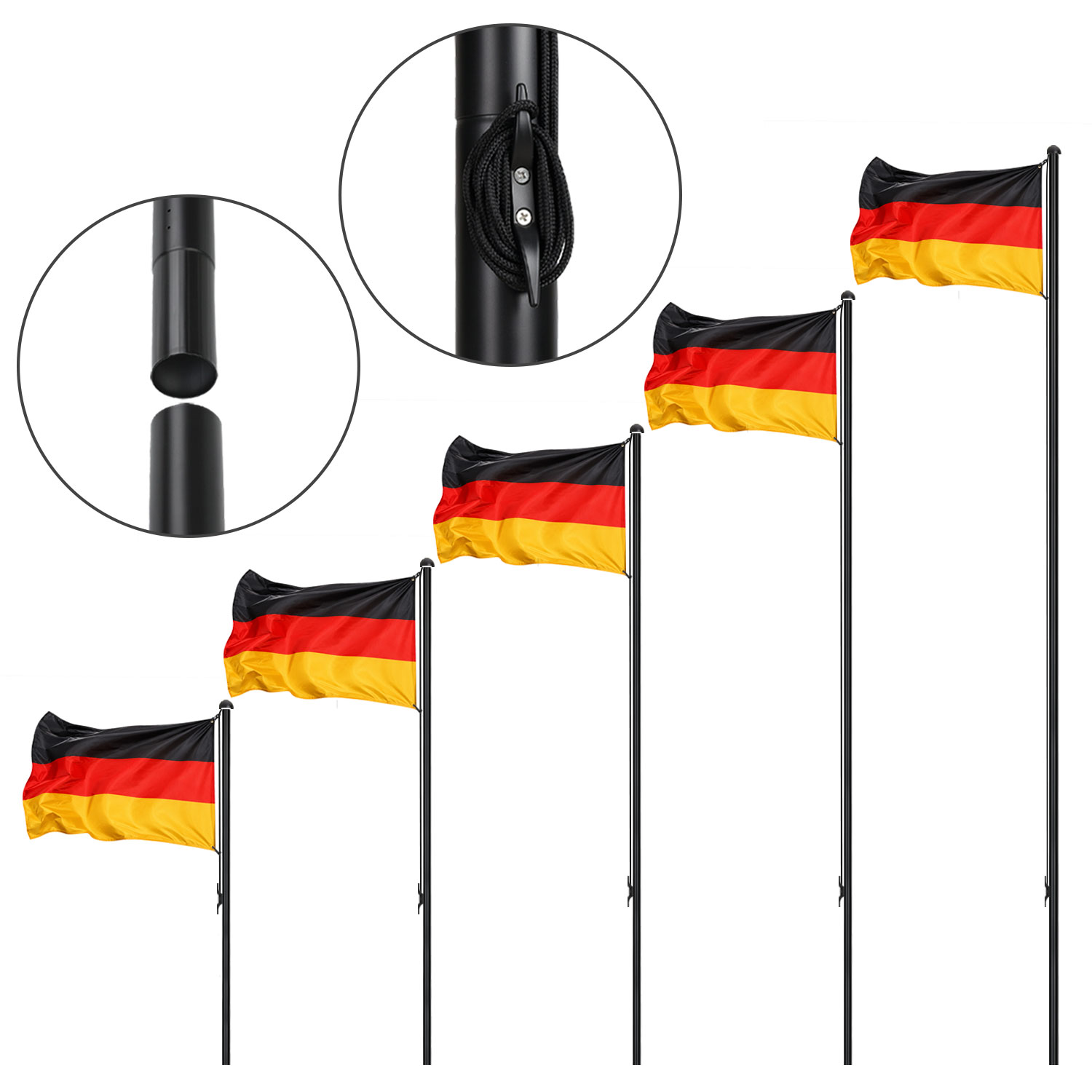 Jiubiaz Flaggenmast 6,5 M Schwarz Aus Aluminium, 6 Steckrohre, Deutschlandfahne 147 X 88 Cm Und Zubehör