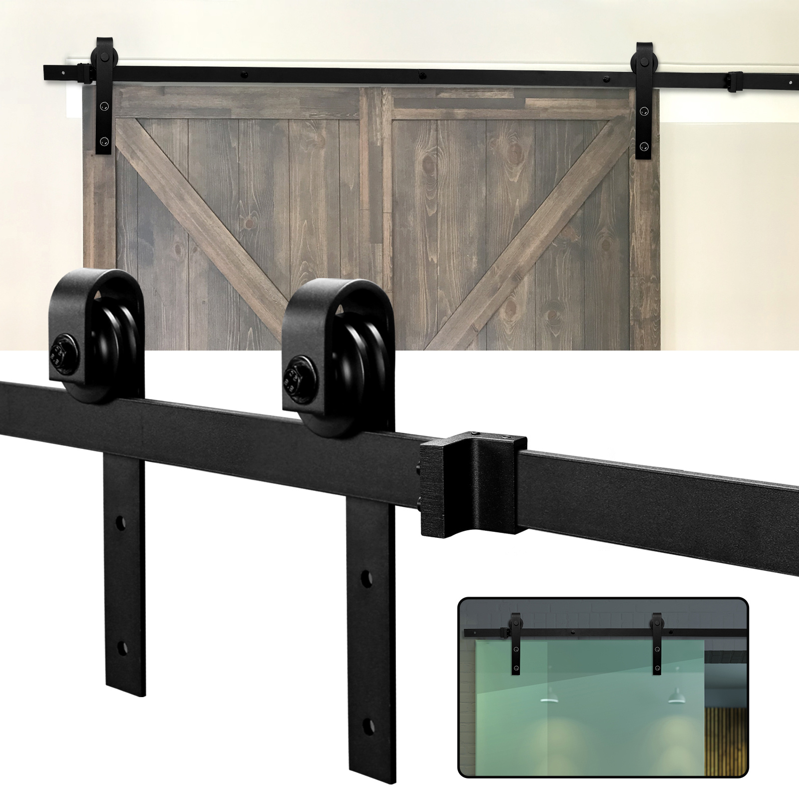 Jiubiaz Schiebetürsystem 152 Cm, Schiebetürbeschlag Set Mit Rechteckaufhängung, Laufschiene Für Holztür, Schwarz