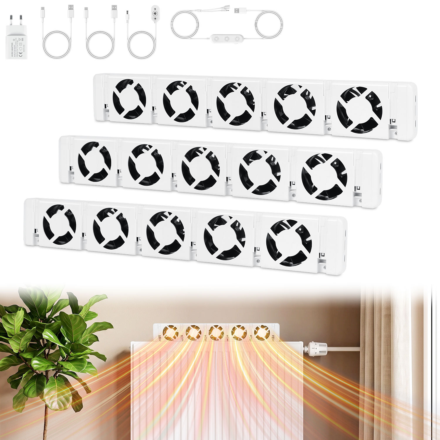 Jiubiaz Heizkörperverstärker 3er Set, Je 5 Lüfter, 47 Cm, Regelbar, Temperaturfühler, Magnetisch, Für 200–300 Cm