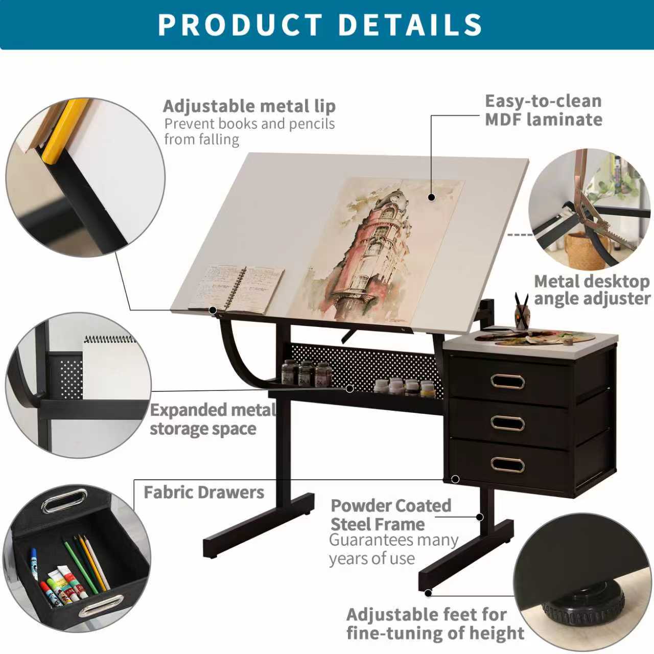 White Tabletop Adjustable Drafting Drawing Table For Crafting, Reading, Writing With Stool And 3 Storage Drawers