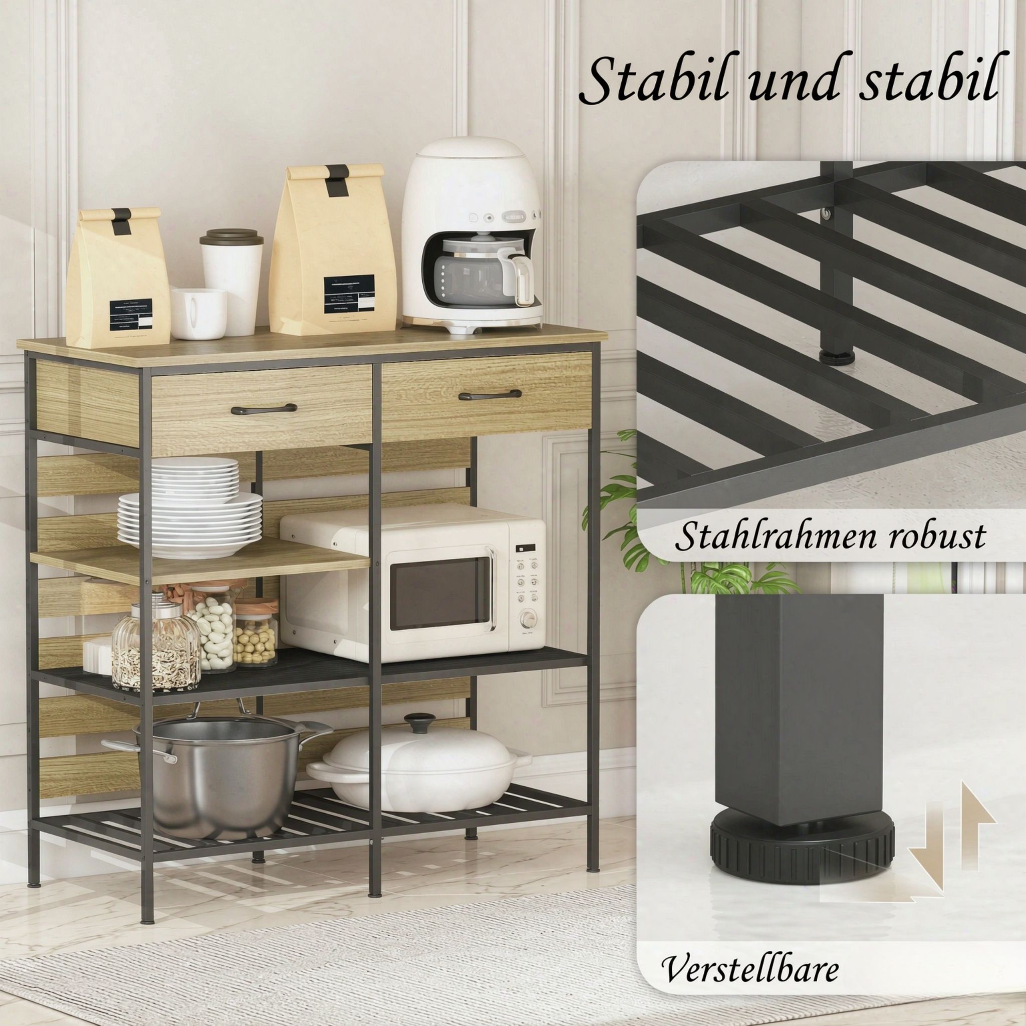 Küchenbuffet Sideboard, Aufbewahrungsmöbel Mit 2 Schubladen Und 3 Offenen Fächern, Küchenschrank Für Wohn‑ Und Esszimmer