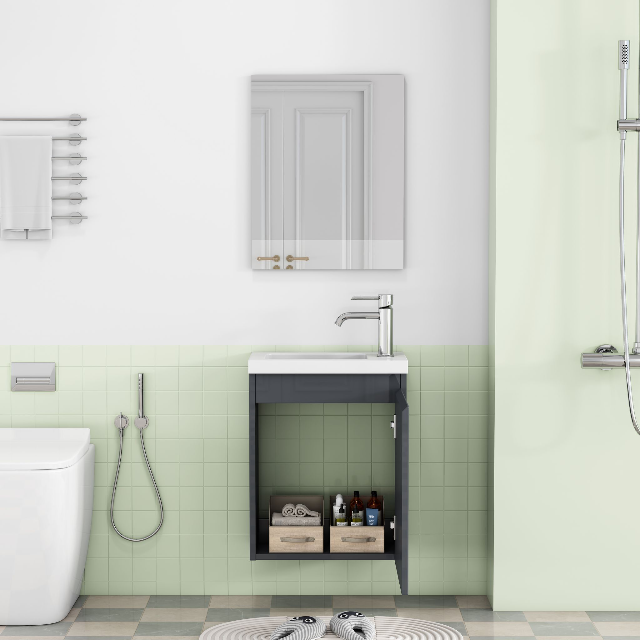 40cm Hochglanzgrauer Wandmontierter Badezimmerschrank Mit Keramik‑waschtisch Und Spiegel, Grifflos, Dämpfscharniere, Vormontiert, Platzsparend Für Bad & Gäste‑wc