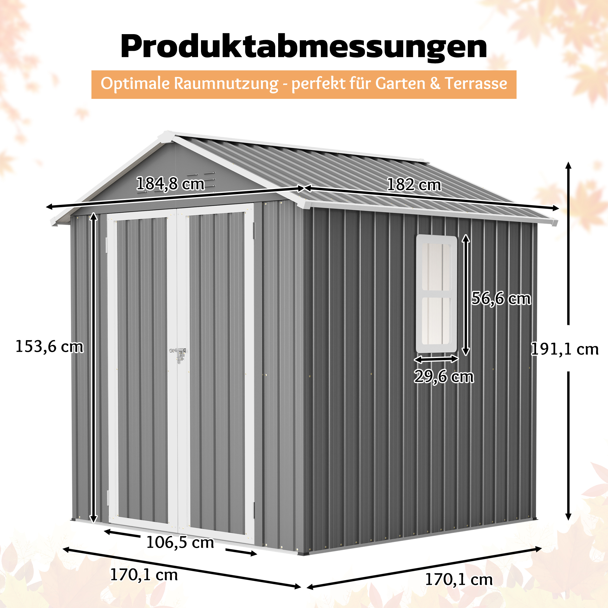 185x182x191 Cm Metall-geräteschuppen Für Außenbereich, Gartenschuppen Mit Satteldach, Fenster & Lüftungen, Wasserdicht & Schneelastfähig – Inkl. Schloss, Handschuhe, Dübel Für Garten, Terrasse, Hof