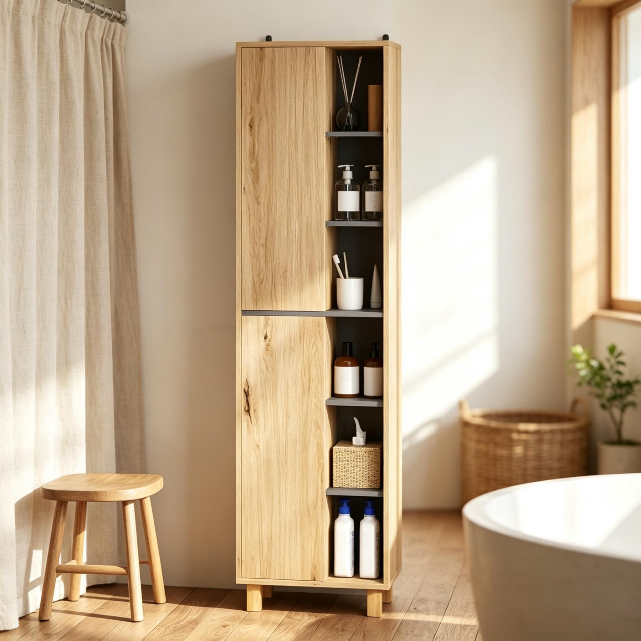 Badezimmer Hochschrank, Badezimmerschrank Mit 6 Offenen Fächern Und 2 Schranktüren