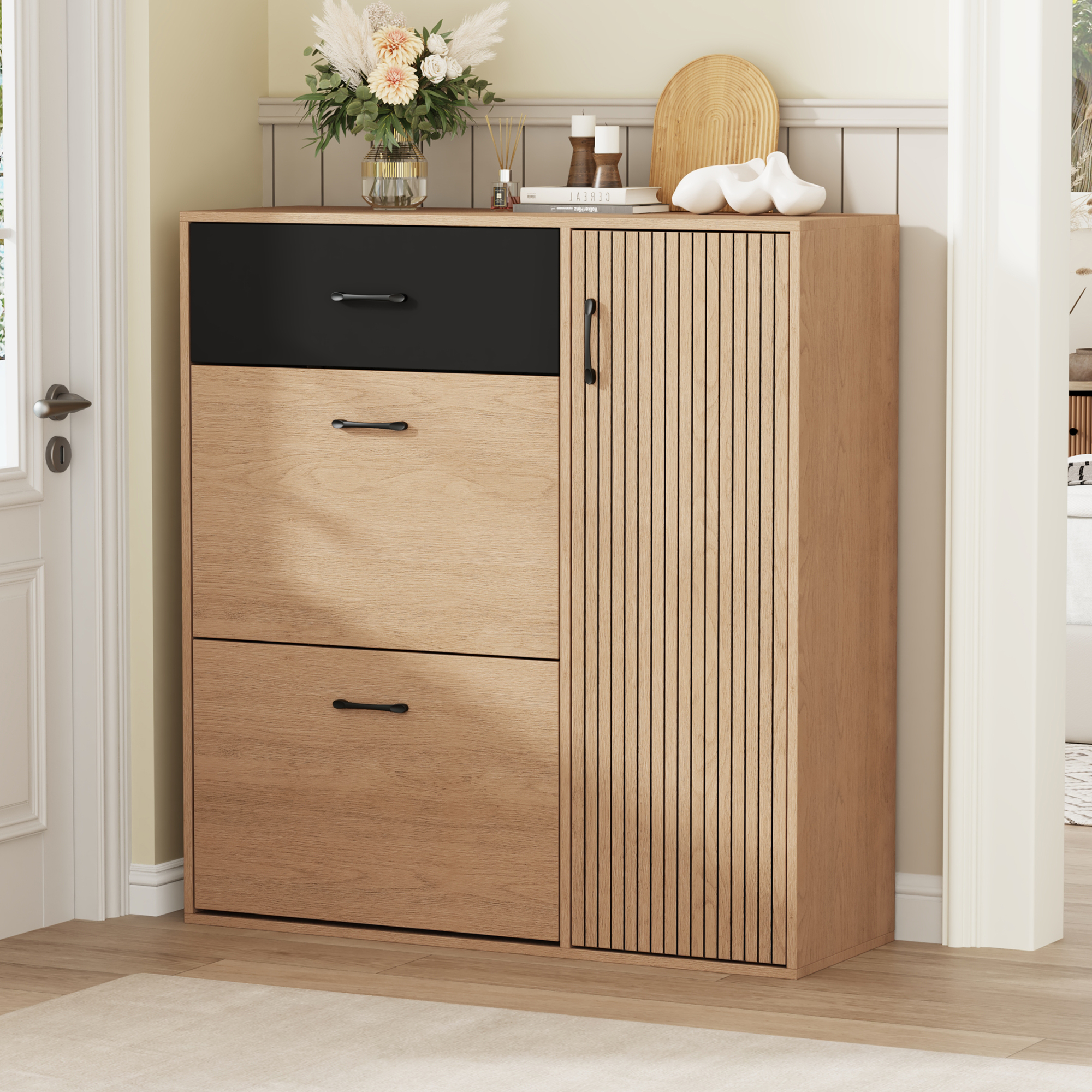 Schuhschrank Mit 1 Türöffnung, Schuhkipper Schmal Mit 2 Nach Unten Schwenkbare Tür,mit 1 Schublade,schuhablage Schrank Für Flur Eingang, Wohnzimmer Naturholzfarbe+schwarz,100×35×106 Cm
